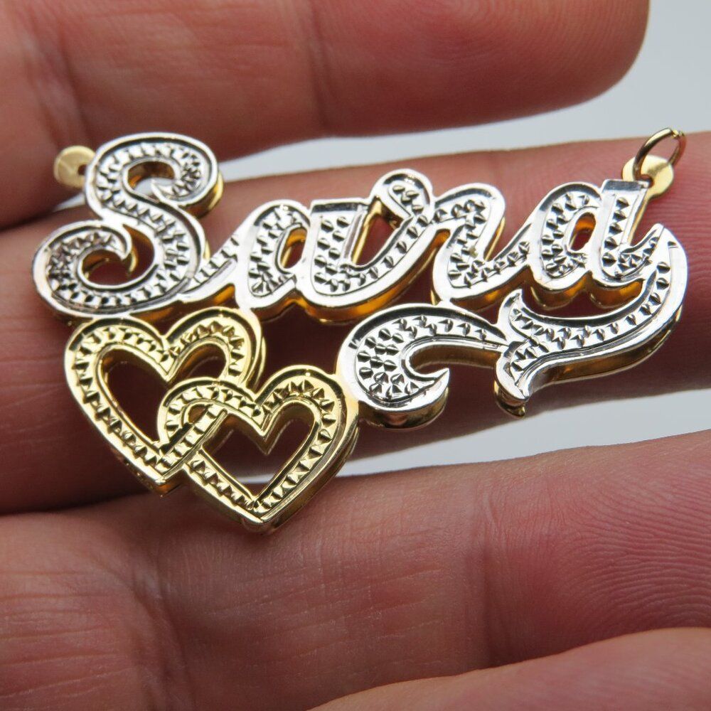 14k Gold Double Name Plate SARA Hand Made